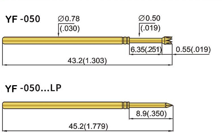 Sonda de teste com mola de barril de latão personalizada com curso total de 6,4 mm, curso nominal de 4,3 mm e força da mola de 1,0 N para aplicações ICT
